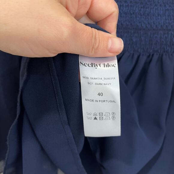 See By Chloe Dark Navy Peasant Top Sheer Sleeves Smocked Bodice Boho Sz 4 - Picture 5 of 13